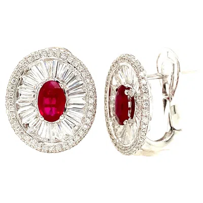 Pre-owned Ruchi New York Ruchi Ruby With Baguette And Brilliant Diamond White Gold Clip-on Stud Earrings