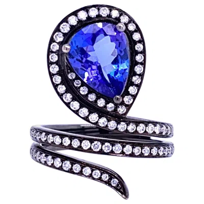 Pre-owned Ruchi New York Ruchi Tanzanite & Diamond 18k Black Rhodium Gold Wrap Around Cocktail Ring