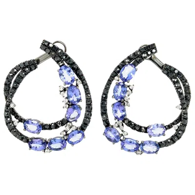 Pre-owned Ruchi New York Ruchi Tanzanite, Black And White Diamond Black Rhodium C-shape Clip-on Earrings