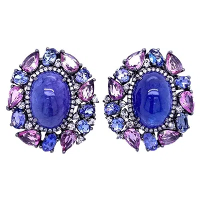 Pre-owned Ruchi New York Ruchi Tanzanite, Pink Sapphire And Diamond Black Rhodium Clip-on Earrings