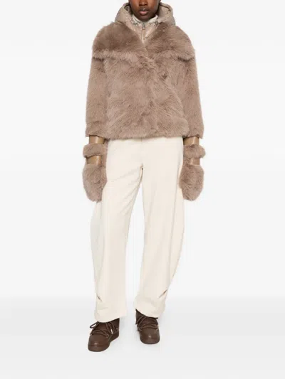 Rudsak Belted Faux-fur Jacket With Gloves In Brown