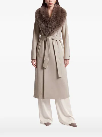 Rudsak Cindy Faux-fur Collar Belted Coat In Neutral