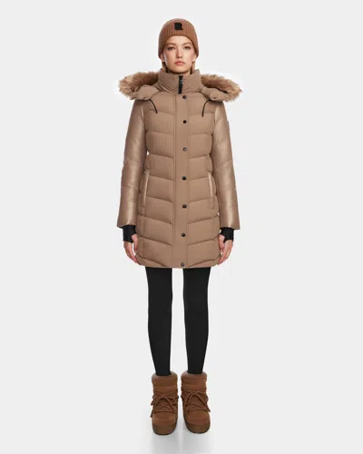 Rudsak Elsa Women's Mid-length Matte Down Puffer With Recycled Leather Sleeves In Brown
