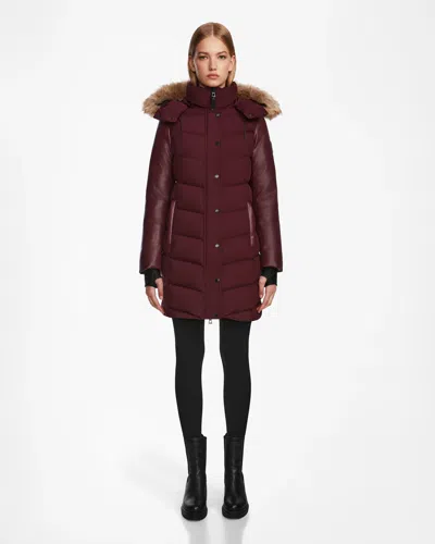 Rudsak Elsa Women's Mid-length Matte Down Puffer With Recycled Leather Sleeves In Burgundy