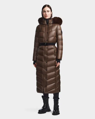 Rudsak Elsie S Women's Glossy Belted Maxi Down Puffer With Removable Faux Fur In Multi