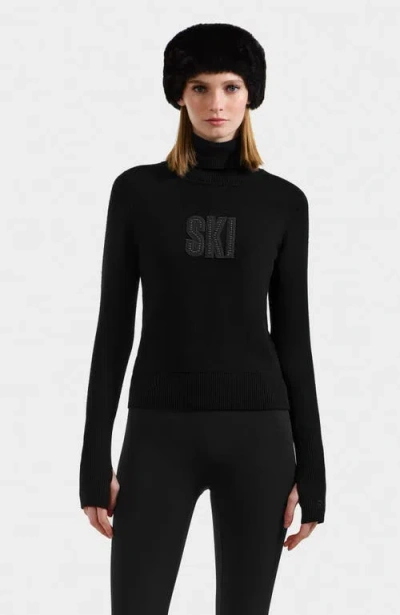 Rudsak Novie Knit Embellished Ski Logo Turtleneck Sweater In Black