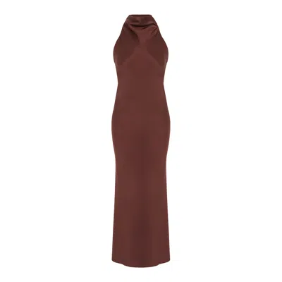 Rue Les Createurs Women's Back Cutout Brown Elegant Dress