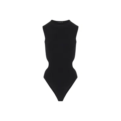 Rue Les Createurs Women's Back-deep Detailed Black Knit Bodysuit