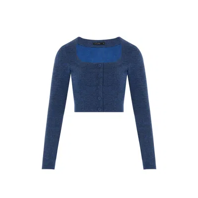 Rue Les Createurs Women's Blue Button Detail Square Neck Navy Crop Jacket