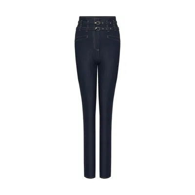 Rue Les Createurs Women's Blue Double Belt High-waisted Navy Denim Trousers