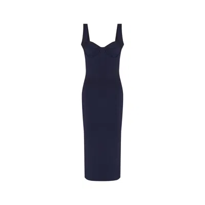 Rue Les Createurs Women's Blue Fitted Thick Strap Navy Midi Dress