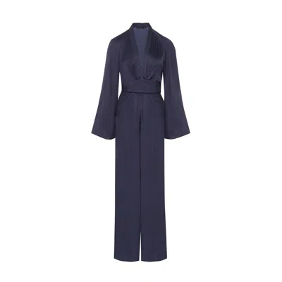 Rue Les Createurs Women's Blue Front-tie Relaxed Fit Navy Jumpsuit