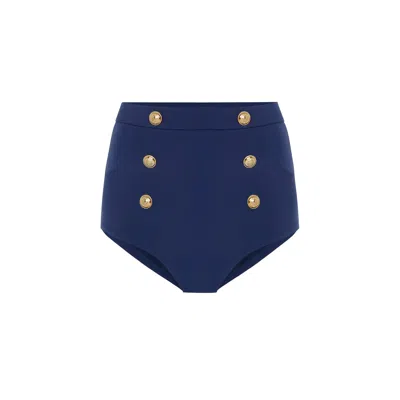 Rue Les Createurs Women's Blue Gold Button Detail Navy Bikini Bottom