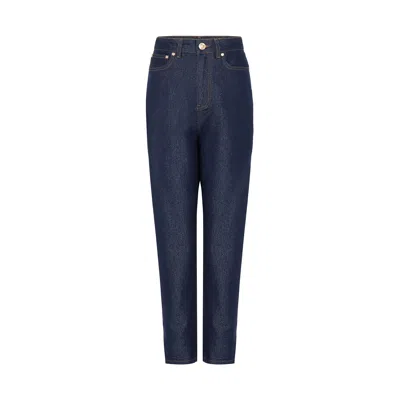 Rue Les Createurs Women's Blue Gold Button Detail Navy Denim Pants