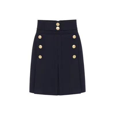 Rue Les Createurs Women's Blue Gold Button Detail Pleated Navy Mini Skirt