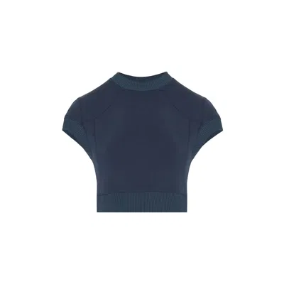 Rue Les Createurs Women's Blue Knit Band Detail Knit Navy Blouse
