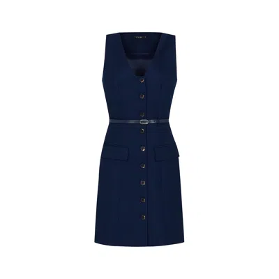 Rue Les Createurs Women's Blue Leather Belted Button-front Navy Mini Dress