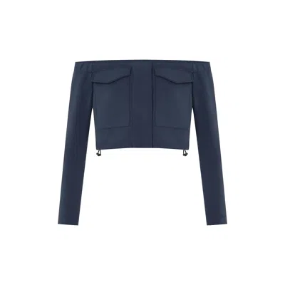 Rue Les Createurs Women's Blue Off-shoulder Knit Navy Blouse