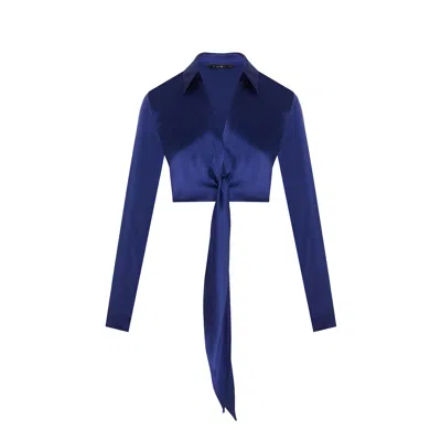 Rue Les Createurs Women's Blue Tie-on Silk Navy Blouse