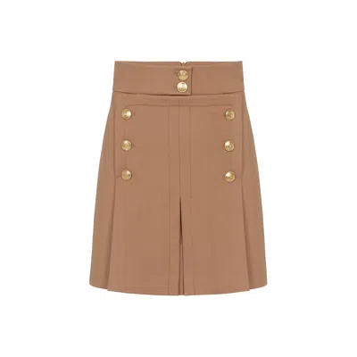 Rue Les Createurs Women's Brown Gold Button Detail Pleated Camel Mini Skirt