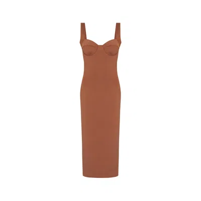 Rue Les Createurs Women's Fitted Thick Strap Brown Midi Dress