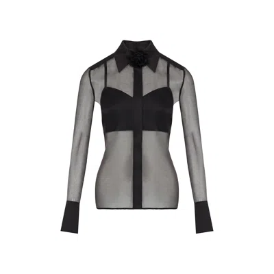 Rue Les Createurs Women's Front Button Sheer Elegant Black Blouse