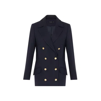Rue Les Createurs Women's Gold Buttoned Navy Blue Wool Coat
