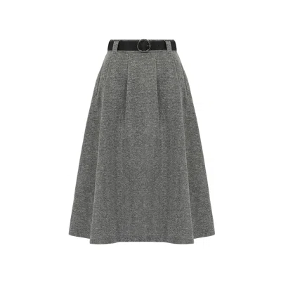 Rue Les Createurs Women's Grey Leather Belt Pockets  Gray Midi Skirt