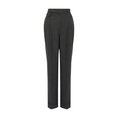 Rue Les Createurs Women's Grey Striped Wool-textured Anthracite Trousers