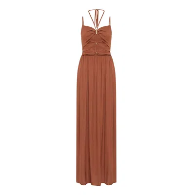 Rue Les Createurs Women's Pink / Purple Strapped Neckline Detailed Salmon Long Dress In Pink/purple