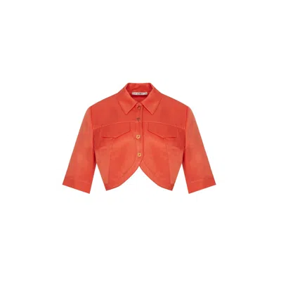 Rue Les Createurs Women's Red Pocket Detail Short Sleeve Coral Crop Shirt