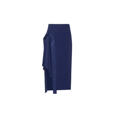 Rue Les Createurs Women's Satin Textured Navy Blue Midi Skirt