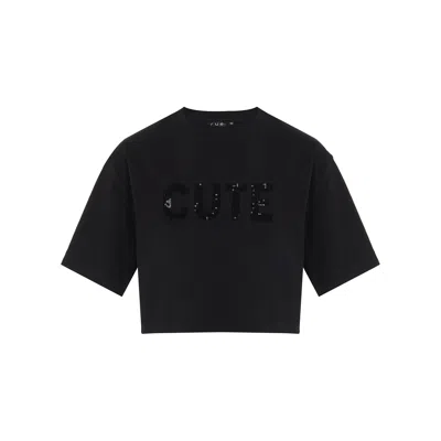 Rue Les Createurs Women's Sequin Detail Black Crop T-shirt