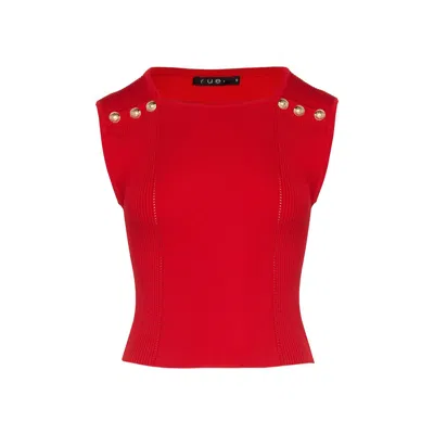 Rue Les Createurs Women's Sleeveless Gold Button Detailed Red Knit Blouse