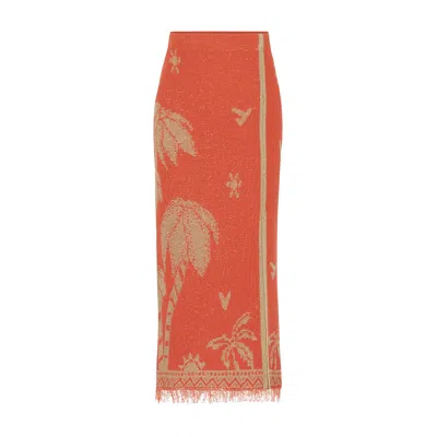 Rue Les Createurs Women's Yellow / Orange Fringe Detail Slit Orange Midi Skirt In Yellow/orange