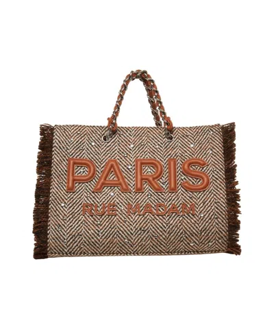 Rue Madame Houndstooth Shopper Bag With Fringed Edges In Brown