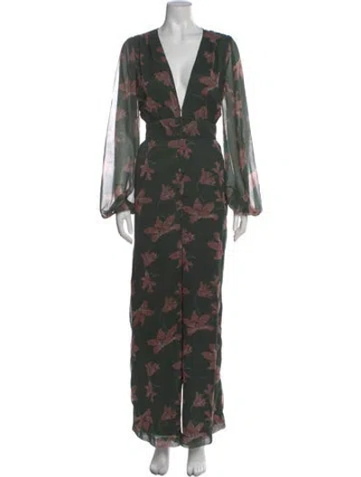 Pre-owned Rue Stiic Floral Print V-neck Jumpsuit In Green