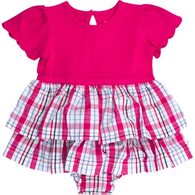 Rufflebutts Babies'  Adley Plaid Mixed Media Stretch Cotton Skirted Bodysuit In Pink