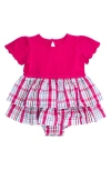 Rufflebutts Adley Plaid Mixed Media Stretch Cotton Skirted Bodysuit In Pink
