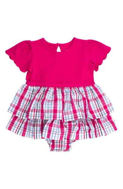 Rufflebutts Babies'  Adley Plaid Mixed Media Stretch Cotton Skirted Bodysuit In Pink