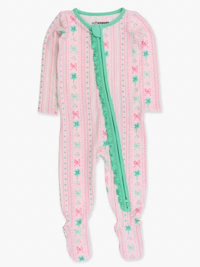 Rufflebutts Kids' Baby Girl's Clover Bows & Wishes Footed Ruffle One-piece Pajama In Pink