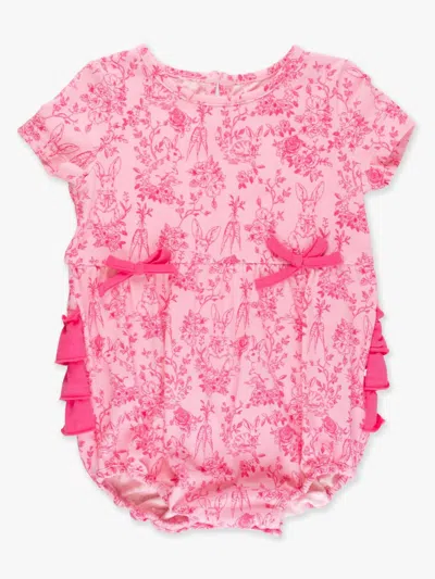 Rufflebutts Kids' Baby Girls' Cottontail Toile Knit Short Sleeve Bow Bubble Romper In Pink