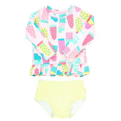 Rufflebutts Baby Girls Long Sleeve Ruffle Hem Upf50+ Rash Guard Bikini In Ice Cream Social