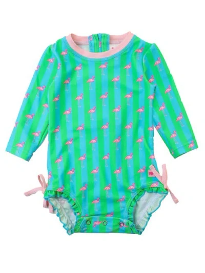 Rufflebutts Baby Girls Long Sleeve Upf50+ One Piece Rash Guard In Neon Flamingo Stripe