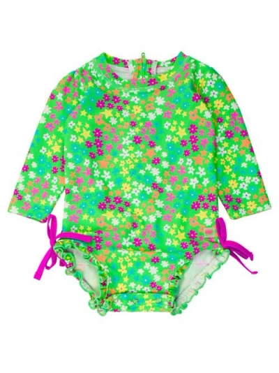 Rufflebutts Baby Girls Long Sleeve Upf50+ One Piece Rash Guard In Neon Floral