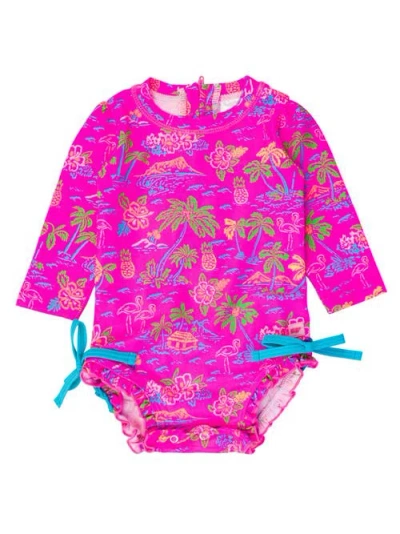 Rufflebutts Baby Girls Long Sleeve Upf50+ One Piece Rash Guard In Neon Island Time