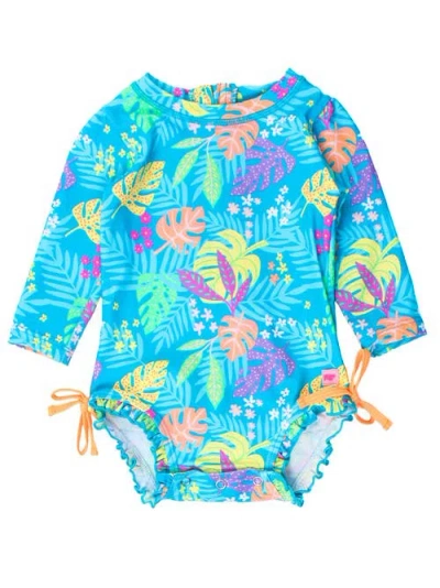 Rufflebutts Baby Girls Long Sleeve Upf50+ One Piece Rash Guard In Neon Tiki Vibes