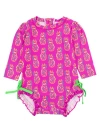 Rufflebutts Baby Girls Long Sleeve Upf50+ One Piece Rash Guard In Neon Violet Pineapples