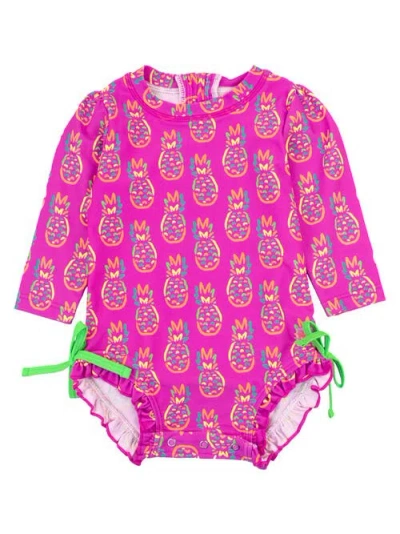 Rufflebutts Baby Girls Long Sleeve Upf50+ One Piece Rash Guard In Neon Violet Pineapples