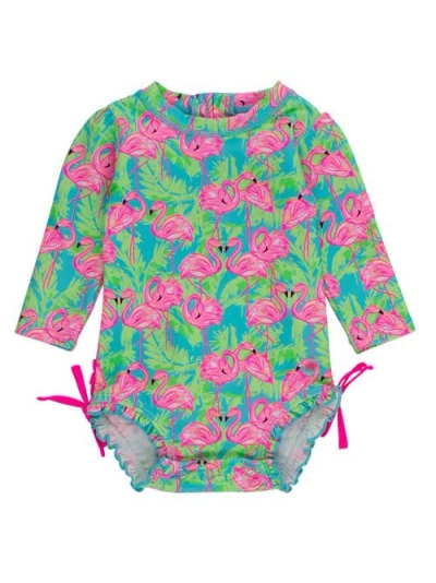 Rufflebutts Baby Girls Tropical Long Sleeve Upf50+ One Piece Rash Guard In Green
